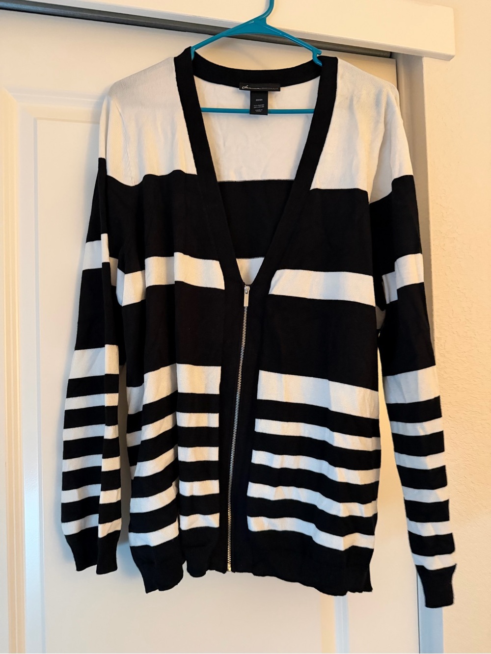 Lane Bryant Black and White Striped Zip Front Cardigan